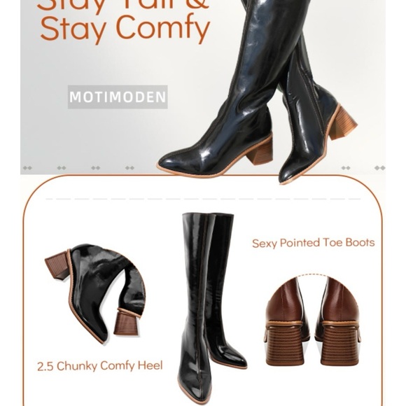 Motimoden pointed toe Knee High Boots chunky Mid Heel zipper Black size 7 - Picture 3 of 16